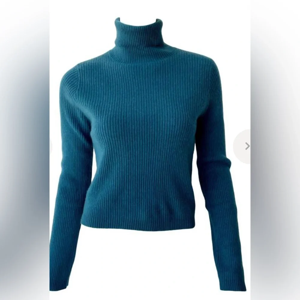 NWT NAADAM CASHMERE RIBBED CROPPED TURTLENECK - TEAL XS $345 - Picture 3 of 5